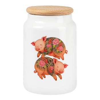 Floating Tattooed Piglets – Double Zen Ink - Cookie Jar with Wooden Lid - white - Front