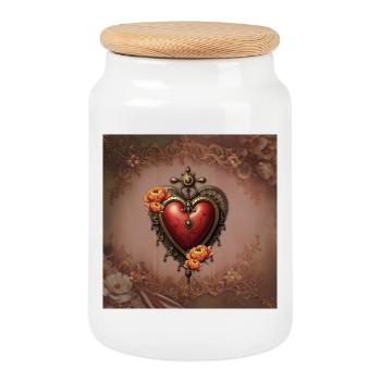 Vintage heart watch with silk flowers - Cookie Jar with Wooden Lid - white - Front