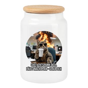 Drôle de chat de bureau disant design - Boîte à biscuits avec couvercle en bois - blanc - Devant
