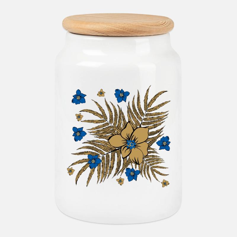 Tropical Leaves and Flowers Pattern - Cookie Jar with Wooden Lid - white