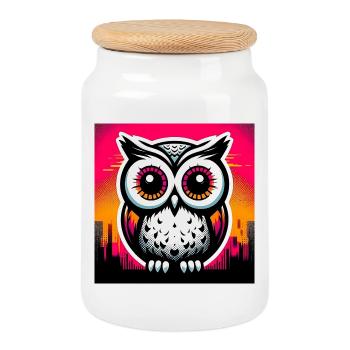 owl - Cookie Jar with Wooden Lid - white - Front