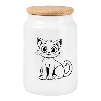 Minimalistic Cat - Cookie Jar with Wooden Lid - white - Front