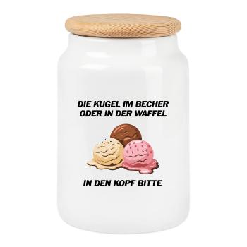 Die Kugel im Becher oder in der Waffel? - Keksdose mit Holzdeckel - Weiß - Vorne