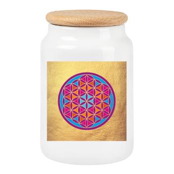Flower of Life Gold Yoga India om Namaste Mandala - Cookie Jar with Wooden Lid - white - Front