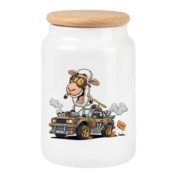 Lama Racer mit Steampunk Ausrüstung - Keksdose mit Holzdeckel - Weiß - Vorne