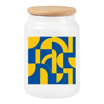 Abstraktes blau-gelbes Design - Keksdose mit Holzdeckel - Weiß - Vorne