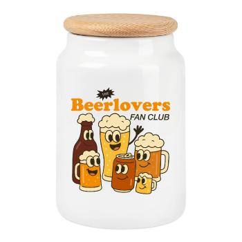 Beer Lover Caricature Design - Cookie Jar with Wooden Lid - white - Front
