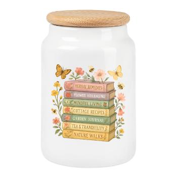 Nature et Livres Amoureux Floral Livre Pile - Boîte à biscuits avec couvercle en bois - blanc - Devant