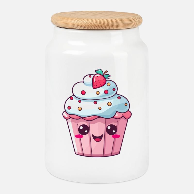Adorable cupcake aux fraises - Boîte à biscuits avec couvercle en bois - blanc