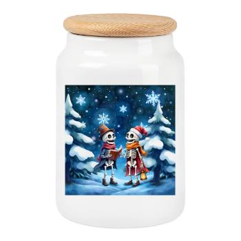 Squelettes de Noël avec chapeaux et lanternes - Boîte à biscuits avec couvercle en bois - blanc - Devant