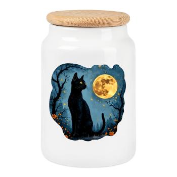 Chat noir mystique sous la pleine lune - Boîte à biscuits avec couvercle en bois - blanc - Devant