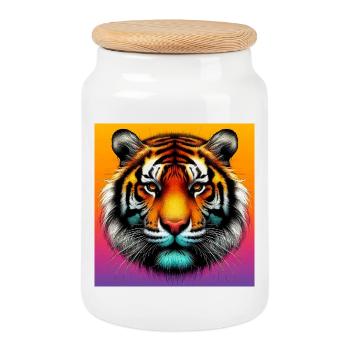 tiger - Cookie Jar with Wooden Lid - white - Front