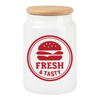 Fresh & Tasty Burger Badge – Vintage Fast Food Log - Cookie Jar with Wooden Lid - white - Front