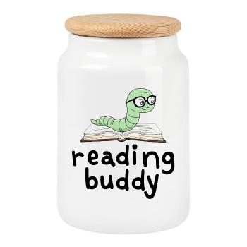 Ami de lecture Mignon rat de bibliothèque avec un livre - Boîte à biscuits avec couvercle en bois - blanc - Devant