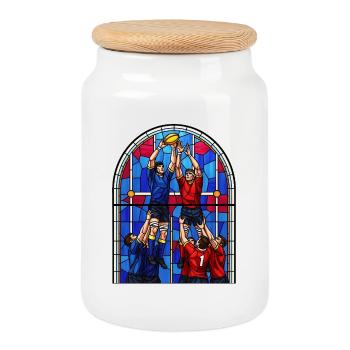 Stained Glass Rugby Lineout - Cookie Jar with Wooden Lid - white - Front