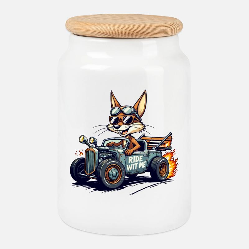 Vintage Fox Racer mit Flammen - Keksdose mit Holzdeckel - Weiß