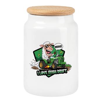 Conception de voiture de mouton Irish Drift - Boîte à biscuits avec couvercle en bois - blanc - Devant