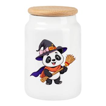 Cute witchy Halloween Panda with Broom - Cookie Jar with Wooden Lid - white - Front