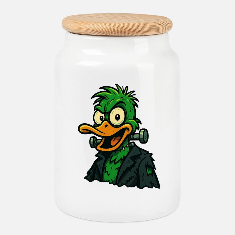 Frankenquack – Crazy Halloween Duck - Cookie Jar with Wooden Lid - white