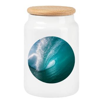 Dynamic ocean wave print - Cookie Jar with Wooden Lid - white - Front