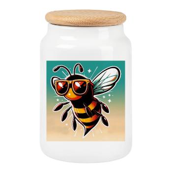bee - Cookie Jar with Wooden Lid - white - Front