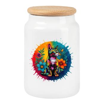 Colorful decorative cat with flowers - Cookie Jar with Wooden Lid - white - Front