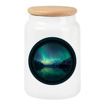 Northern Lights over fjords - Cookie Jar with Wooden Lid - white - Front