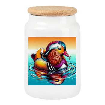 Mandarin duck - Cookie Jar with Wooden Lid - white - Front