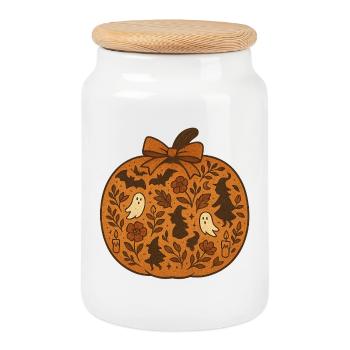 Citrouille d’Halloween avec motif de sorcière et de fantôme - Boîte à biscuits avec couvercle en bois - blanc - Devant