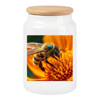bee - Cookie Jar with Wooden Lid - white - Front