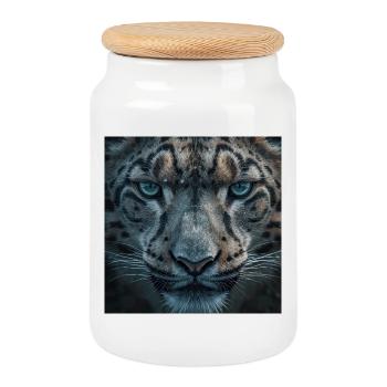 Frostiges Leopardenportrait - Keksdose mit Holzdeckel - Weiß - Vorne