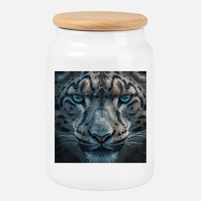 Frostiges Leopardenportrait - Keksdose mit Holzdeckel - Weiß