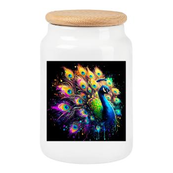 peacock - Cookie Jar with Wooden Lid - white - Front