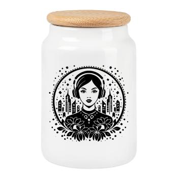 Femme moderne avec des écouteurs – horizon urbain - Boîte à biscuits avec couvercle en bois - blanc - Devant