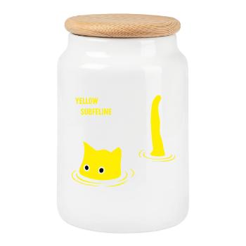 Chat sous-félin jaune design rétro - Boîte à biscuits avec couvercle en bois - blanc - Devant