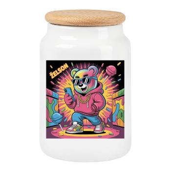 Bunter Bär Rapper Illustration - Keksdose mit Holzdeckel - Weiß - Vorne
