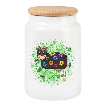 Colorful Fudge with a Floral Motif - Cookie Jar with Wooden Lid - white - Front