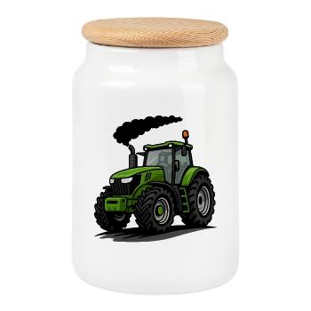 Illustrated Green Tractor for Kids - Cookie Jar with Wooden Lid - white - Front