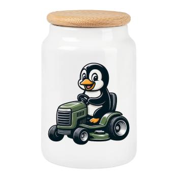 Süßer Pinguin Rasenmäher Gartenbau  - Keksdose mit Holzdeckel - Weiß - Vorne