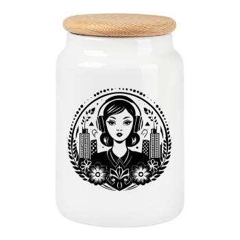 Femme Casque Skyline Urban Groove Techno Rock - Boîte à biscuits avec couvercle en bois - blanc - Devant