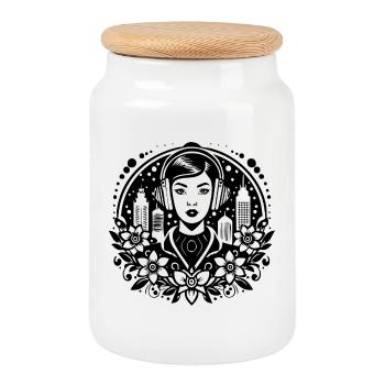 Melancholy calm silence – woman, headphones, pose - Cookie Jar with Wooden Lid - white - Front