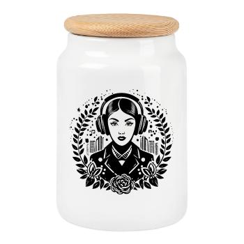 Dreamer Dream Thought – Woman, Headphones, Look - Cookie Jar with Wooden Lid - white - Front