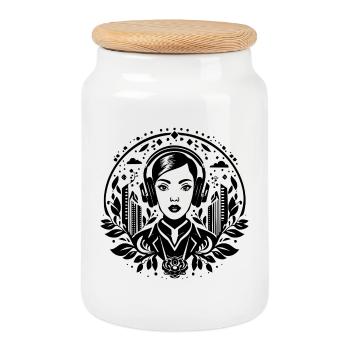 Self-confidence, attitude – woman, headphones, city - Cookie Jar with Wooden Lid - white - Front