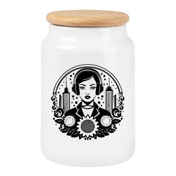 Independence, Freedom – Woman, Headphones, Gaze - Cookie Jar with Wooden Lid - white - Front