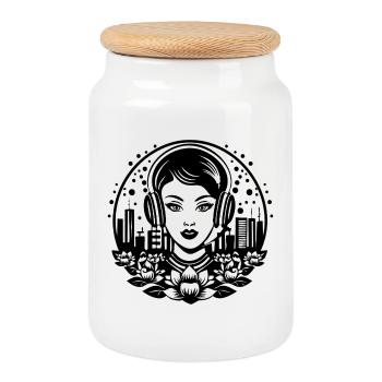 Hip-Hop flow rhyme – woman, headphones, record - Cookie Jar with Wooden Lid - white - Front
