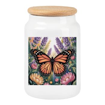 Vibrant Monarch Butterfly Amidlavender Blooms - Cookie Jar with Wooden Lid - white - Front