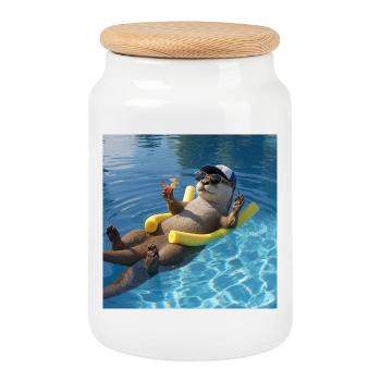 Loutre en vacances - Boîte à biscuits avec couvercle en bois - blanc - Devant