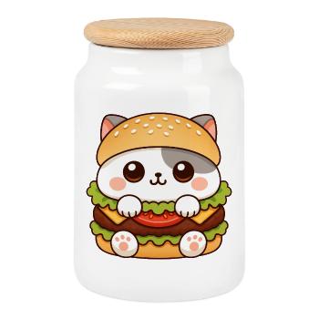 Chat mignon dessin animé burger amateur de restauration rapide - Boîte à biscuits avec couvercle en bois - blanc - Devant