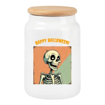 Humorous Halloween Skeleton Print - Cookie Jar with Wooden Lid - white - Front