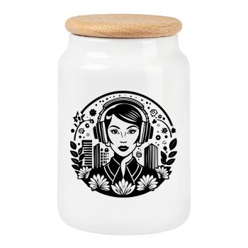 Icône de la tendance de la culture pop - Femme, écouteurs, affiche - Boîte à biscuits avec couvercle en bois - blanc - Devant